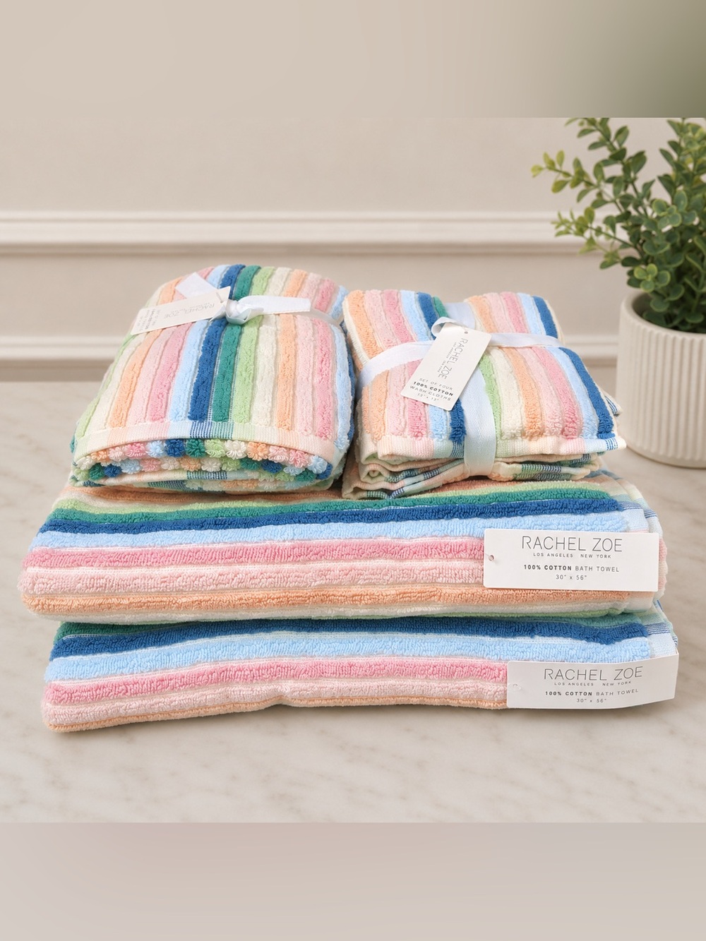 Rachel Zoe Multicolor Stripe 8-Piece Towel Set 100% Cotton NWT Retro Cool